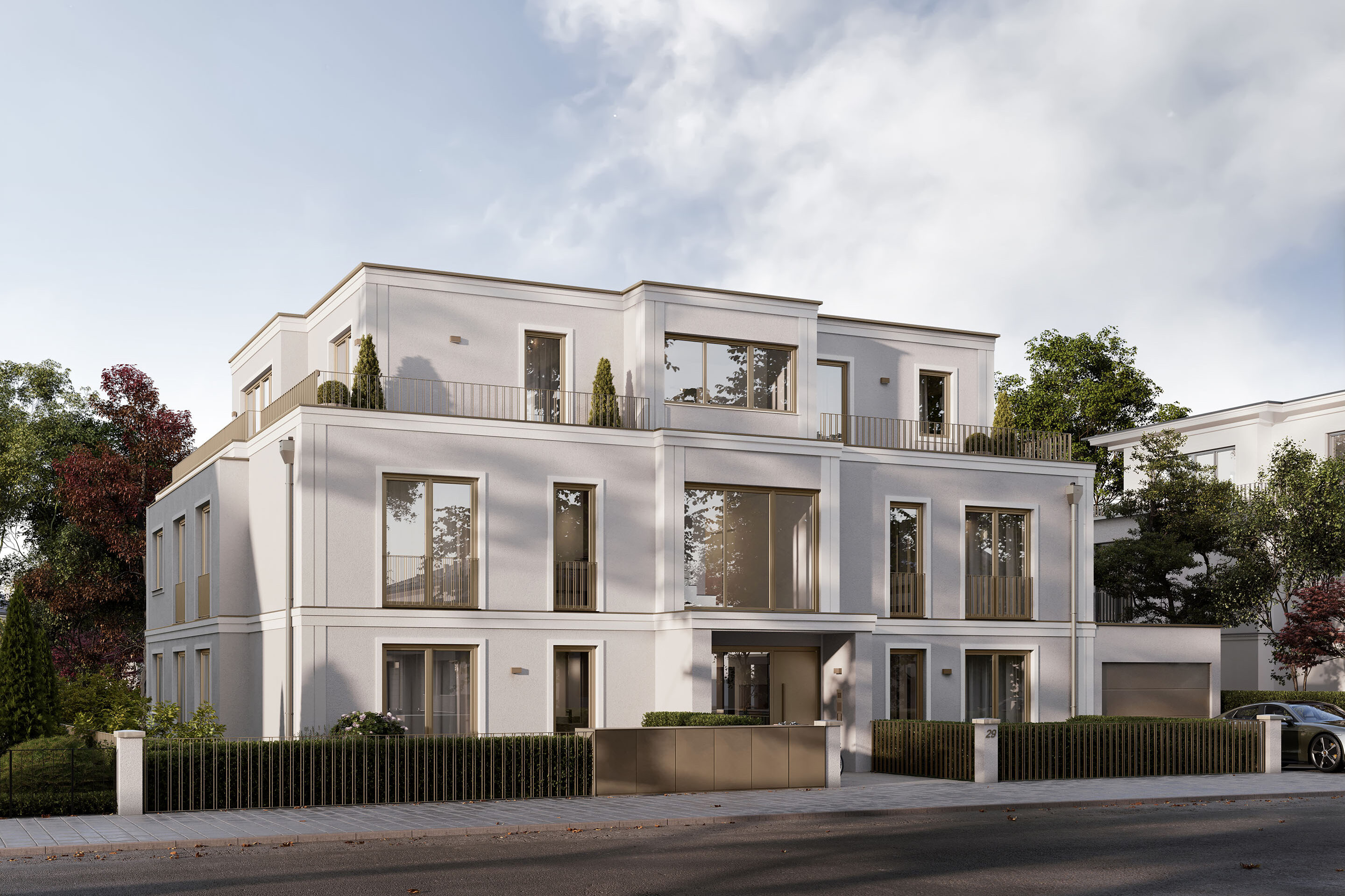 Visualisierung eines Mehrfamilienhauses mit fünf Wohnungen von DOMINO Bau in München Solln, Straßenansicht
