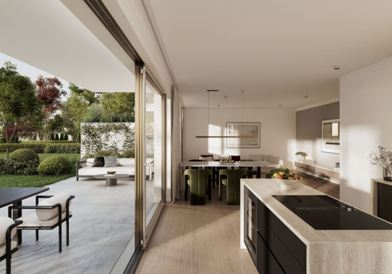 GR29 | Wohnen Essen Kochen (EG) Visualisierung eines Wohnzimmers eines Mehrfamilienhauses mit fünf Wohnungen von DOMINO Bau in München Solln, Erdgeschoss mit Blick in den Garten