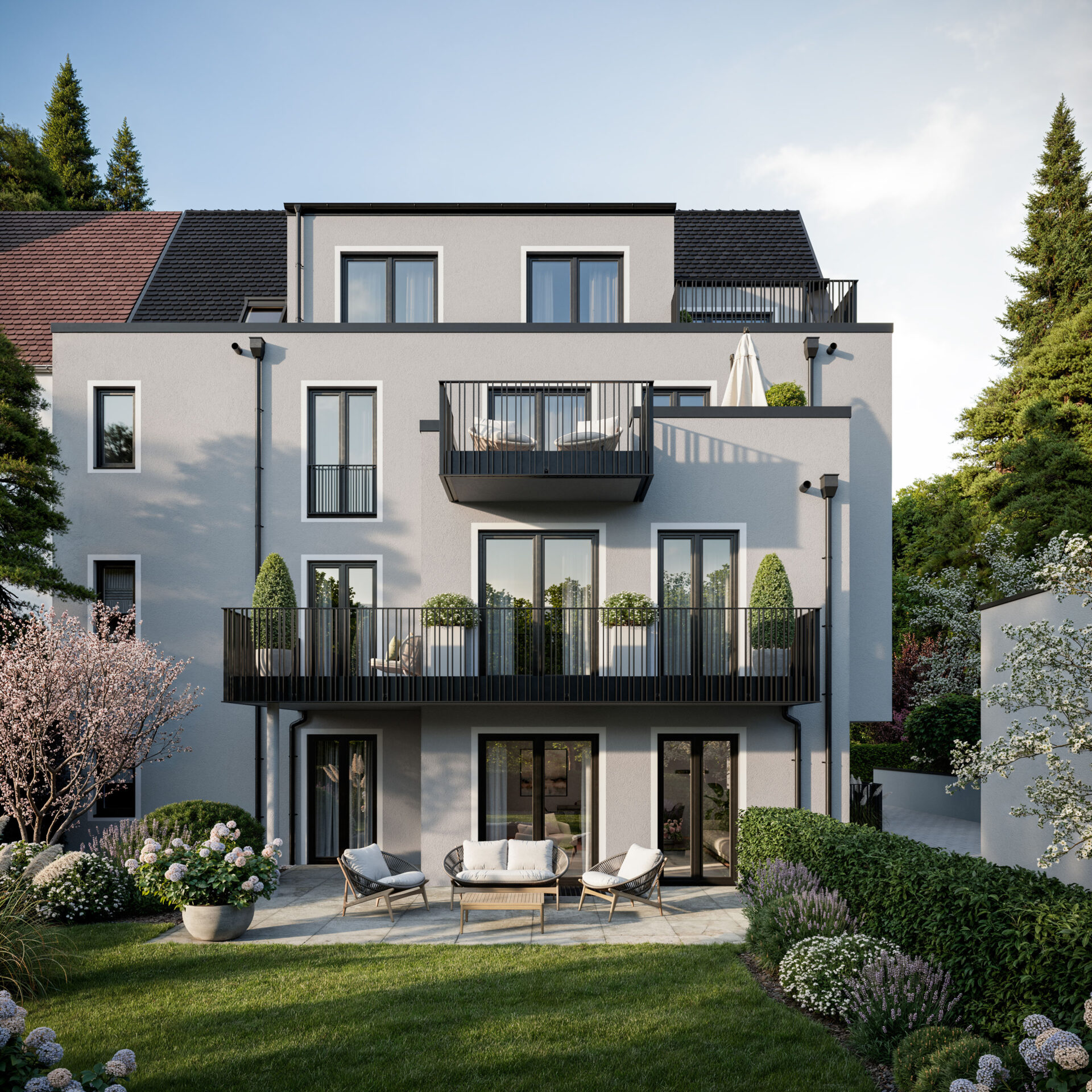 Visualisierung eines Mehrfamilienhauses mit vier Wohnungen von DOMINO Bau in München Obermenzing, Gartenansicht bei Sonnenschein