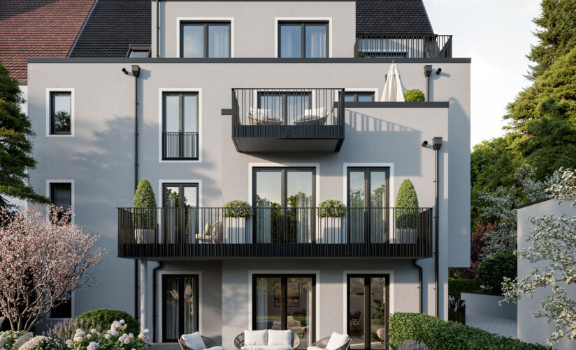 Visualisierung eines Mehrfamilienhauses mit vier Wohnungen von DOMINO Bau in München Obermenzing, Gartenansicht bei Sonnenschein