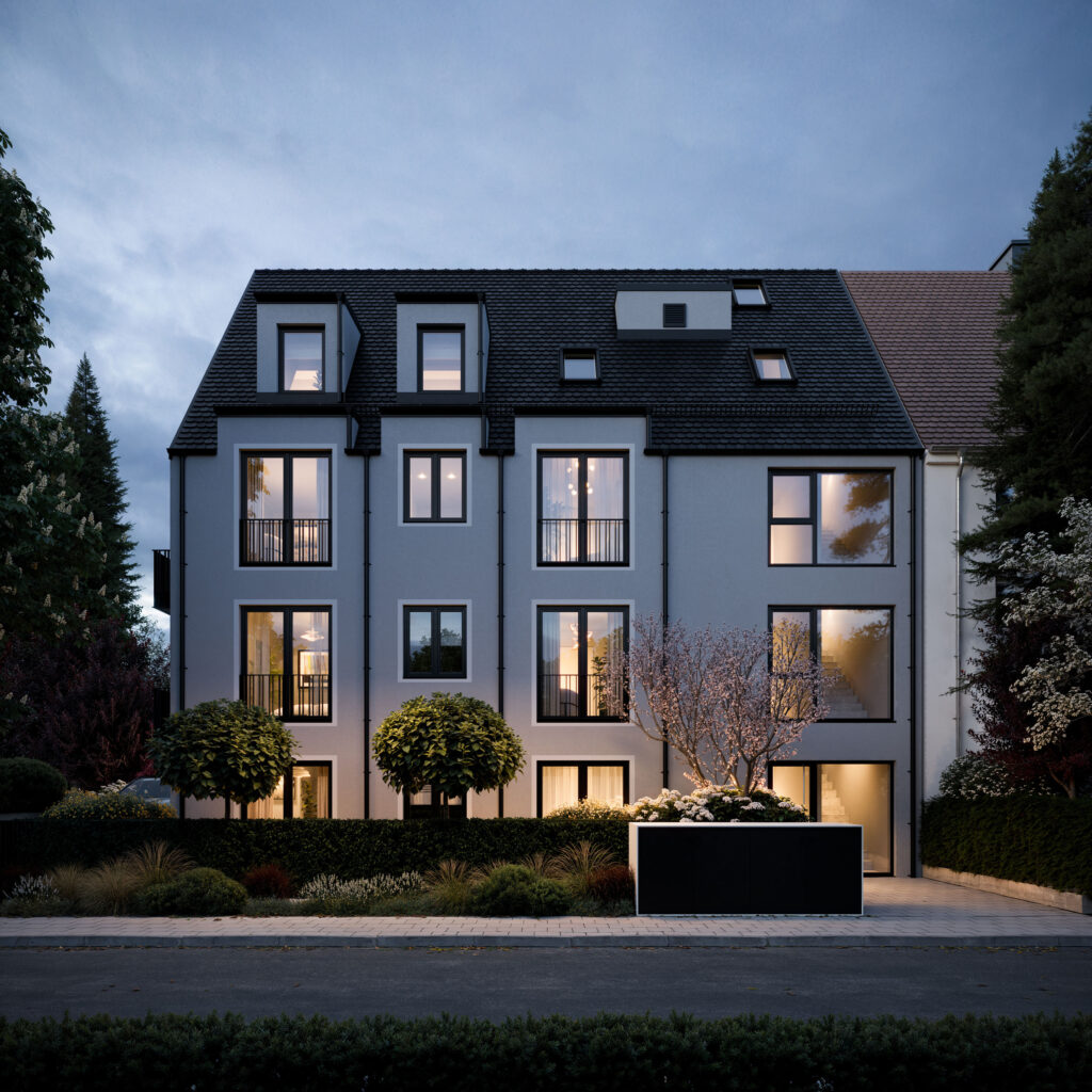 Visualisierung eines Mehrfamilienhauses mit vier Wohnungen von DOMINO Bau in München Obermenzing, Straßenansicht Abendstimmung