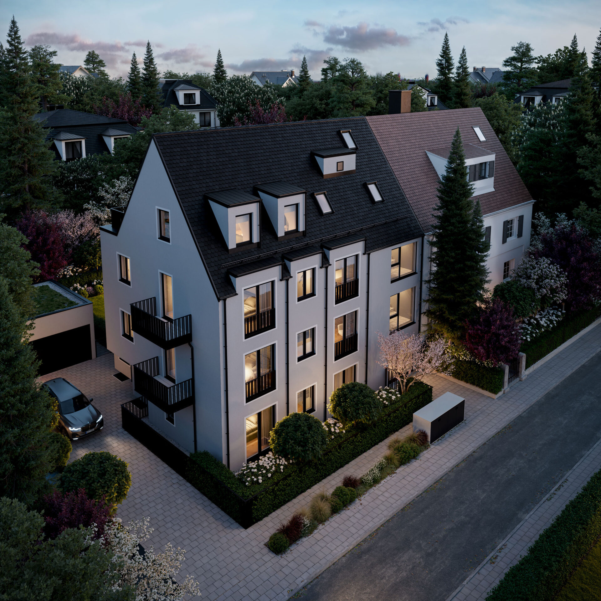 Visualisierung eines Mehrfamilienhauses mit vier Wohnungen von DOMINO Bau in München Obermenzing, Vogelperspektive Abendstimmung