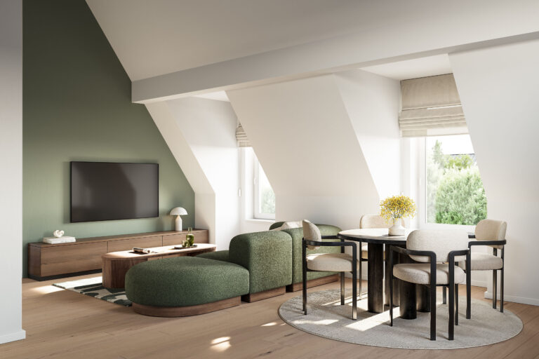 Visualisierung eines Wohnzimmers eines Mehrfamilienhauses mit vier Wohnungen von DOMINO Bau in München Obermenzing, Dachgeschoss mit Schrägen