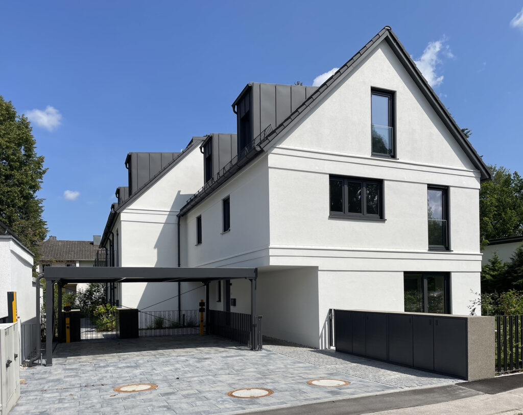 Außenansicht straßenseitig Stadthäuser Neubau in Pasing
