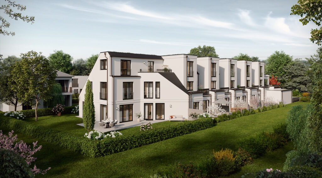 Gartenansicht, Visualisierung von sechs Stadthäusern in Obermenzing von DOMINO Bau