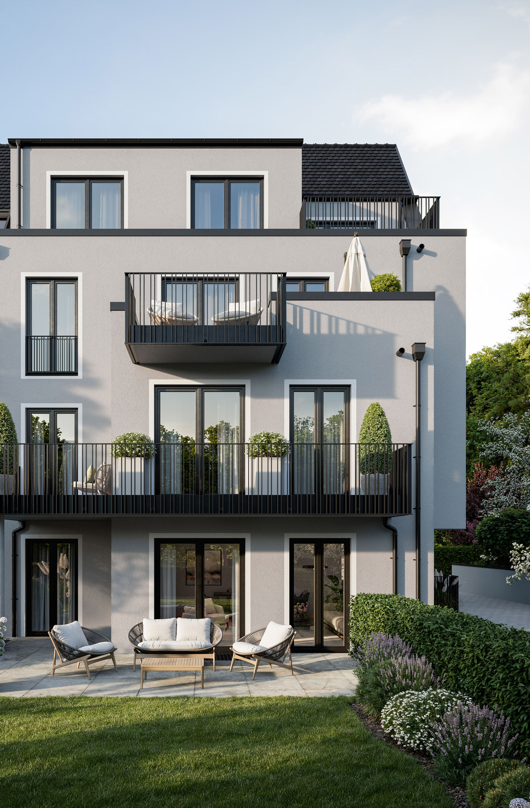 Visualisierung eines Mehrfamilienhauses mit vier Wohnungen von DOMINO Bau in München Obermenzing, Gartenansicht bei Sonnenschein