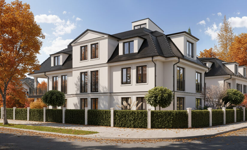 Visualisierung einer Dreifamilienvilla von DOMINO Bau in München Bogenhausen, Tagesansicht, Ansicht Süd-Ost in Herbststimmung