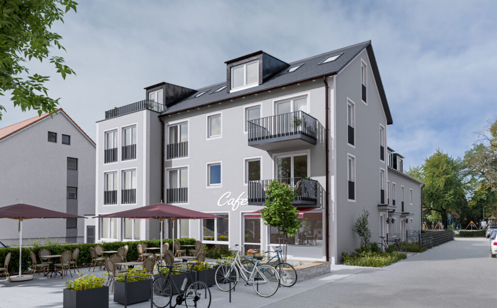 Illustration eines Mehrfamilienhauses mit Café im Erdgeschoss, Neubau von DOMINO Bau