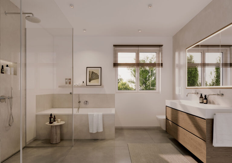 Visualisierung eines Bades in einem Mehrfamilienhauses mit fünf Wohnungen von DOMINO Bau in München Bogenhausen-Englschalking