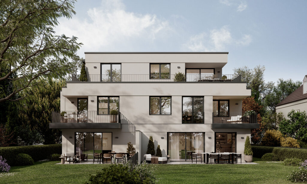 Visualisierung eines Mehrfamilienhauses mit fünf Wohnungen von DOMINO Bau in München Bogenhausen-Englschalking, Ansicht Garten