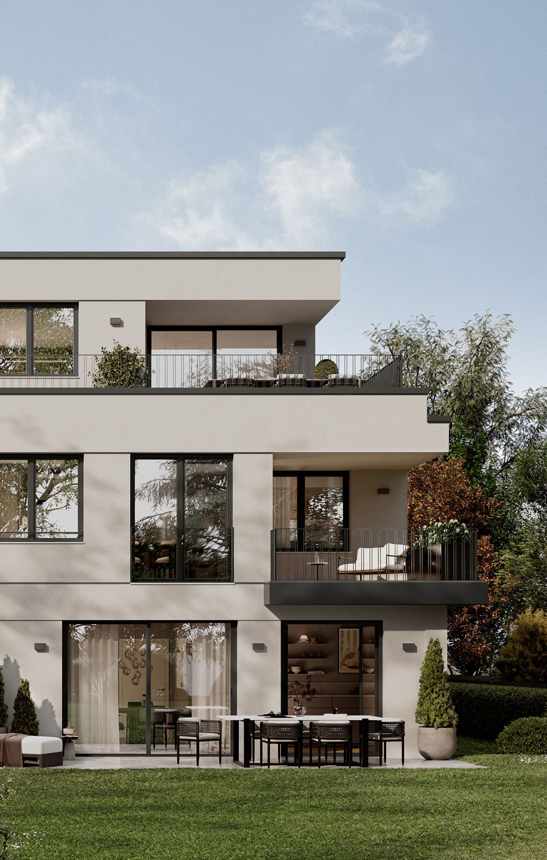 Visualisierung eines Mehrfamilienhauses mit fünf Wohnungen von DOMINO Bau in München Bogenhausen-Englschalking, Ansicht Garten