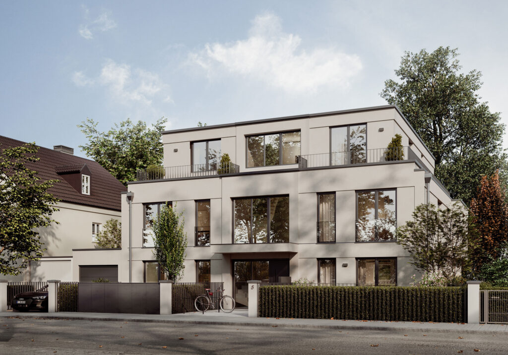 Visualisierung eines Mehrfamilienhauses mit fünf Wohnungen von DOMINO Bau in München Bogenhausen-Englschalking, Straßenansicht