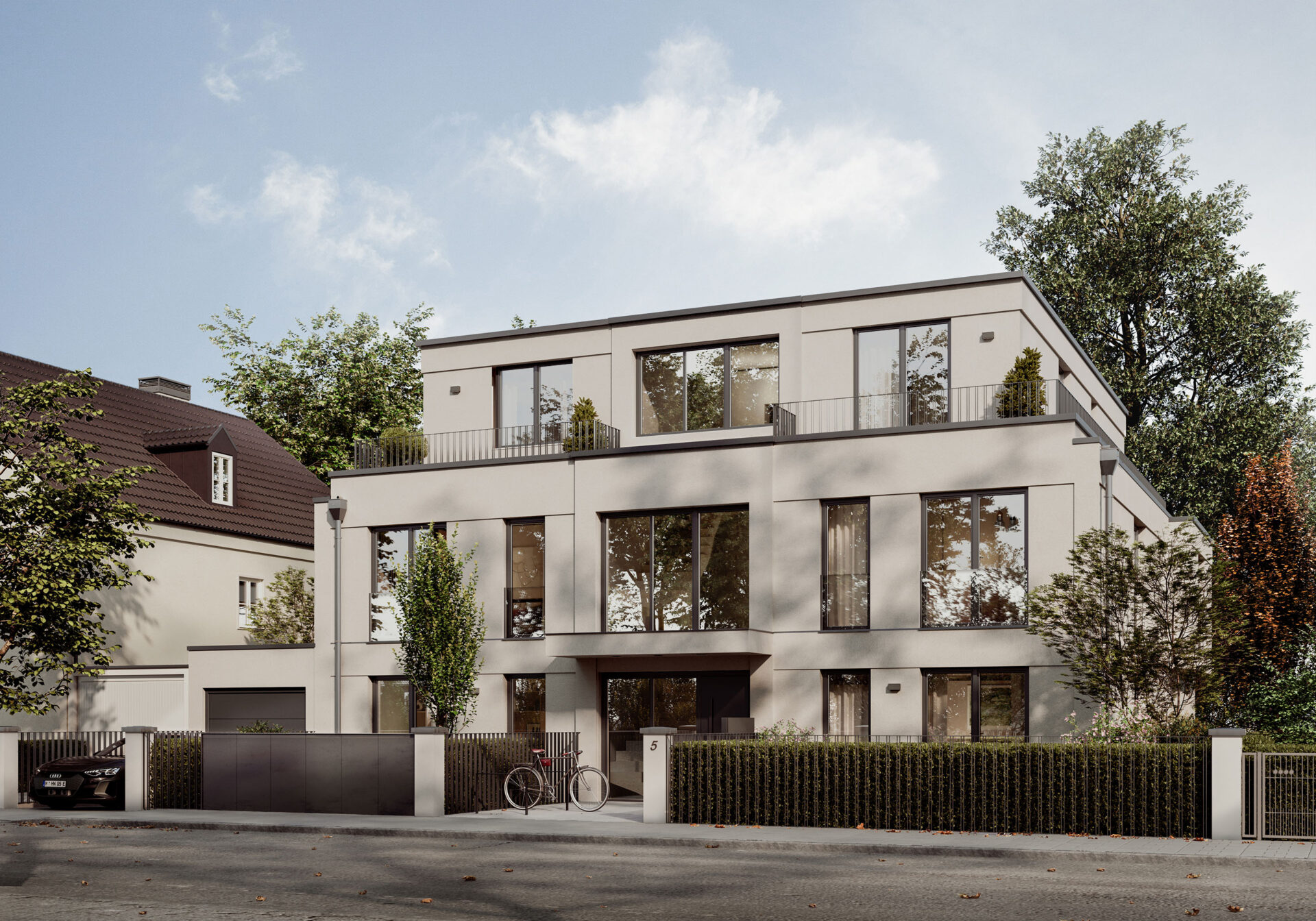 Visualisierung eines Mehrfamilienhauses mit fünf Wohnungen von DOMINO Bau in München Bogenhausen-Englschalking, Straßenansicht
