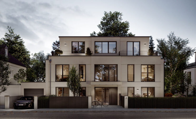 Visualisierung eines Mehrfamilienhauses mit fünf Wohnungen von DOMINO Bau in München Bogenhausen-Englschalking, Straßenansicht in der Dämmerung