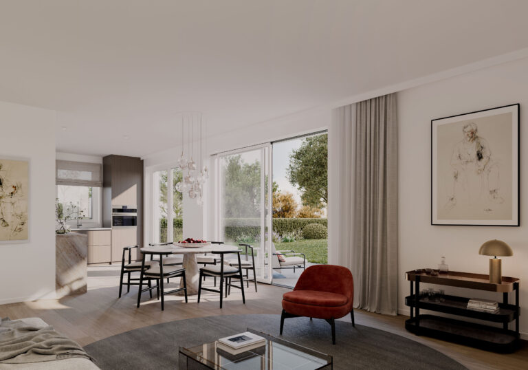 Visualisierung eines Wohn-Essbereiches im Erdgeschoss in einem Mehrfamilienhauses mit fünf Wohnungen von DOMINO Bau in München Bogenhausen-Englschalking