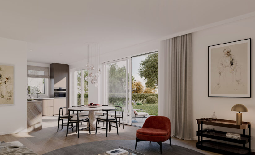 Visualisierung eines Wohn-Essbereiches im Erdgeschoss in einem Mehrfamilienhauses mit fünf Wohnungen von DOMINO Bau in München Bogenhausen-Englschalking
