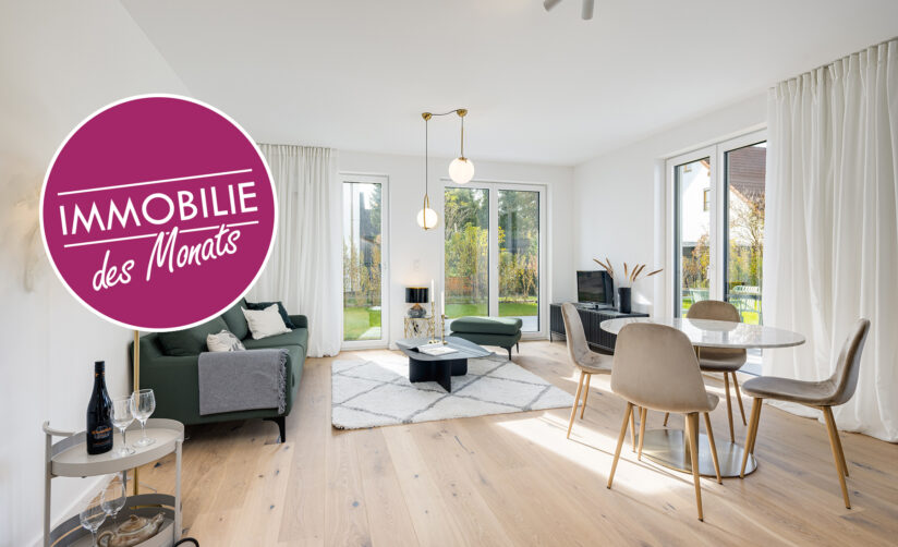 Foto eines Wohnzimmers im Erdgeschoss einer bezugsfertigen Neubauwohnung in Trudering von Domino Bau