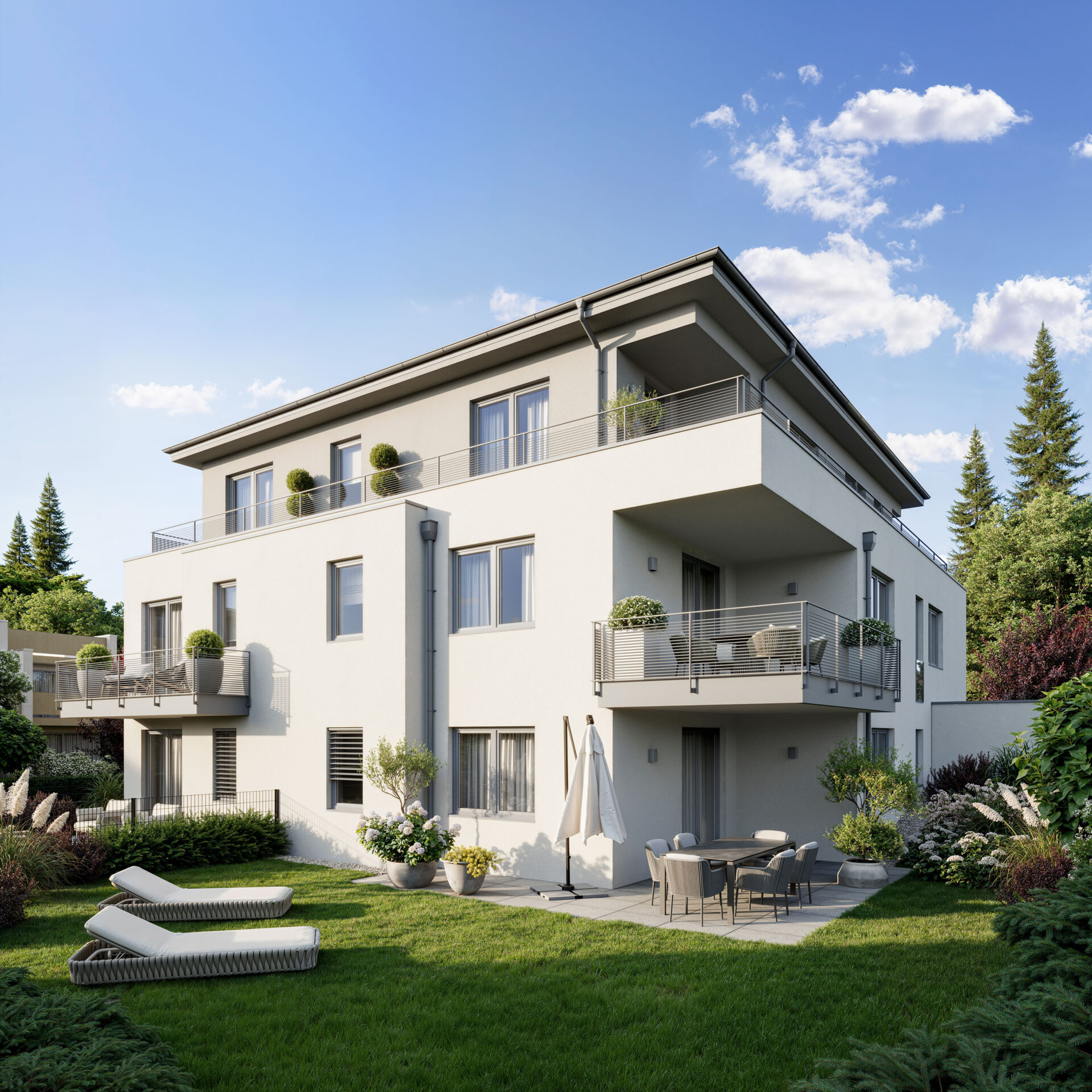Illustration der Gartenansicht vom vorderen Haus zweier Neubau-Mehrfamilienhäuser in Forstenried von DOMINO Bau