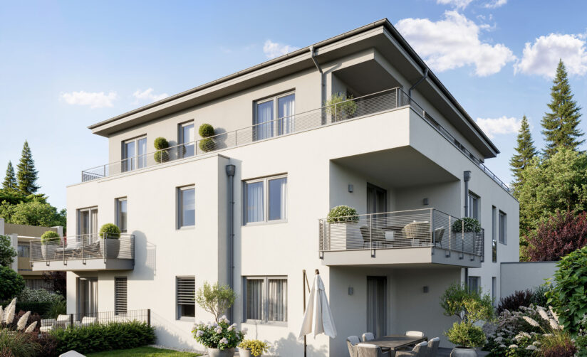 Illustration der Gartenansicht vom vorderen Haus zweier Neubau-Mehrfamilienhäuser in Forstenried von DOMINO Bau