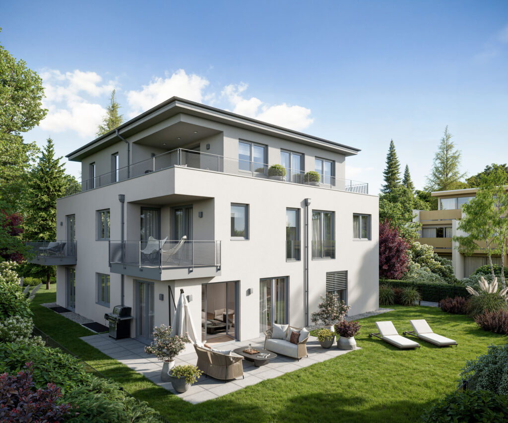 Illustration der Außenansicht vom hinteren Haus zweier Neubau-Mehrfamilienhäuser in Forstenried von DOMINO Bau