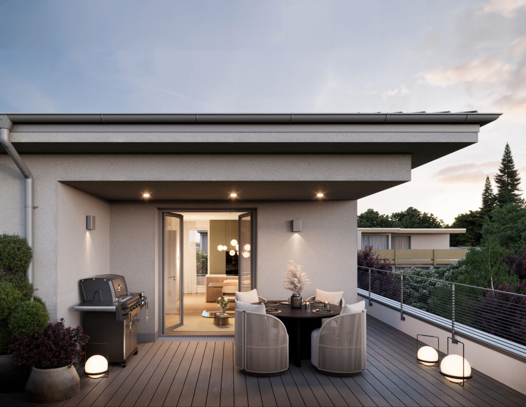 Illustration der Dachterrasse eines Neubau-Mehrfamilienhauses in Forstenried von DOMINO Bau