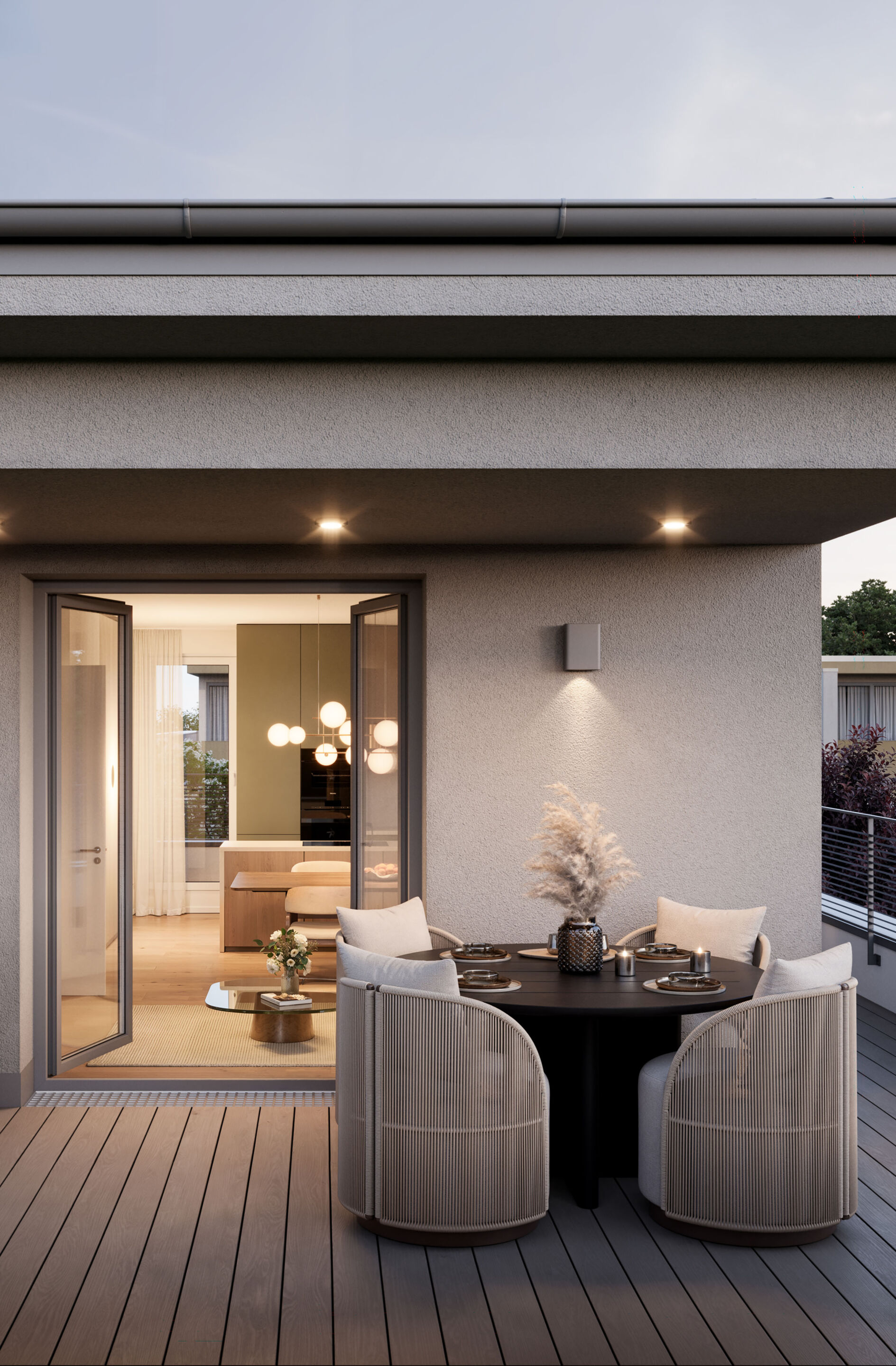 Illustration der Dachterrasse eines Neubau-Mehrfamilienhauses in Forstenried von DOMINO Bau