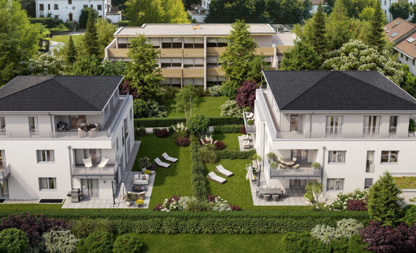Illustration zweier Neubau-Mehrfamilienhäuser aus der Vogelperspektive in Forstenried von DOMINO Bau