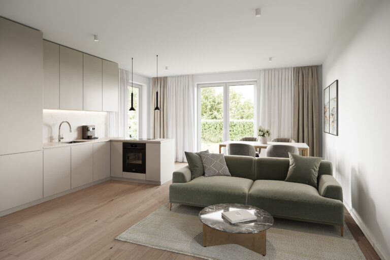 Illustration eine Wohn-Essbereichs im Erdgeschoss einer Zwei-Zimmer-Wohnung, Neubau-Mehrfamilienhaus in Forstenried von DOMINO Bau