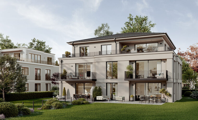 Visualisierung eines Mehrfamilienhauses mit fünf Wohnungen von DOMINO Bau in München Solln, Gartenansicht