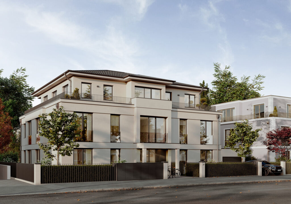 Visualization of an apartment building with five apartments by DOMINO Bau in Munich Solln, street view