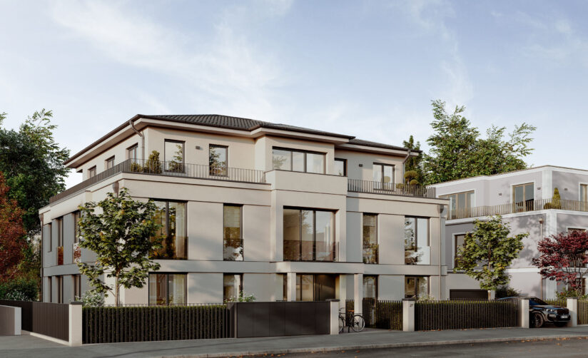 Visualisierung eines Mehrfamilienhauses mit fünf Wohnungen von DOMINO Bau in München Solln, Straßenansicht