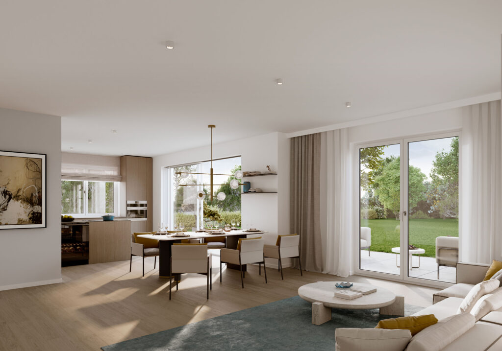 Visualisation of a garden flat in a block of flats in Munich-Solln by DOMINO Bau