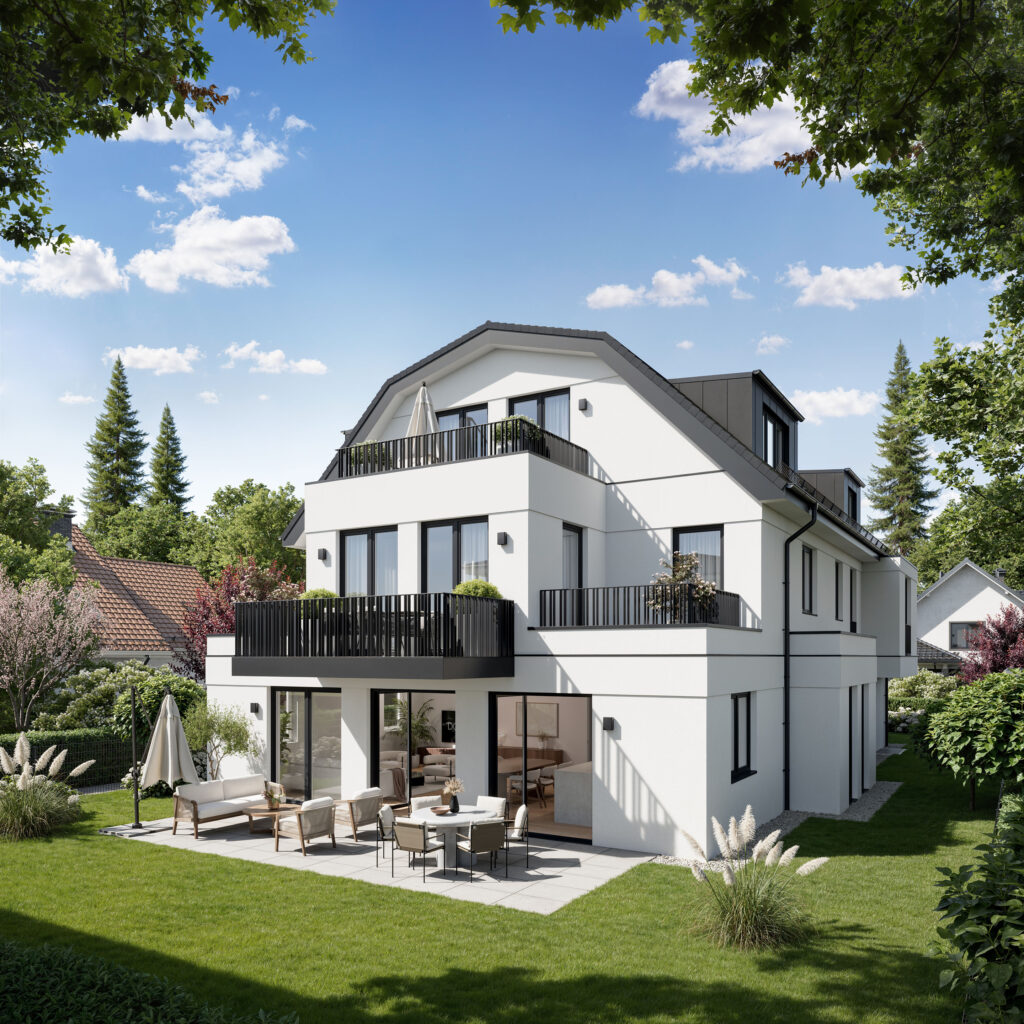 Visualisierung zweier Mehrfamilienhäuser mit insgesamt 6 Wohnungen von DOMINO Bau in München, Bogenhausen-Denning, Gartenansicht (Haus 1)