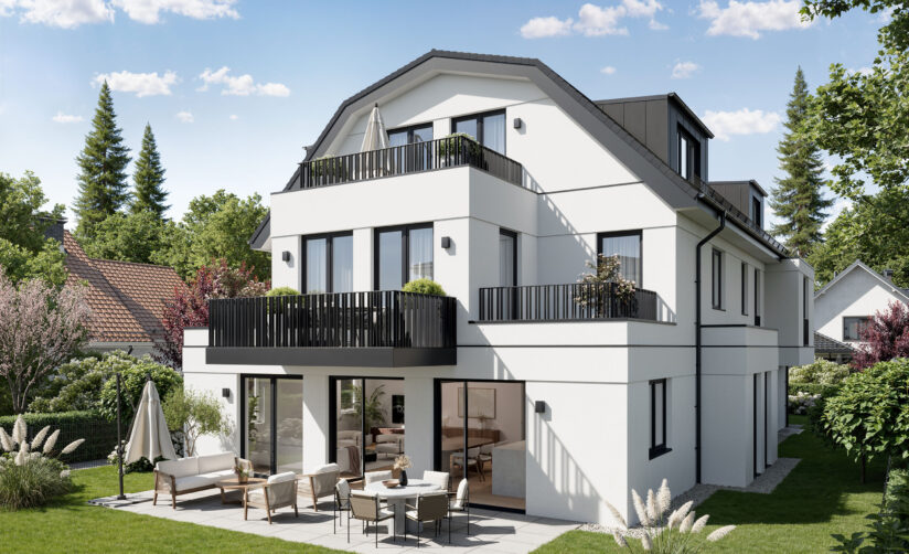 Visualisierung zweier Mehrfamilienhäuser mit insgesamt 6 Wohnungen von DOMINO Bau in München, Bogenhausen-Denning, Gartenansicht (Haus 1)