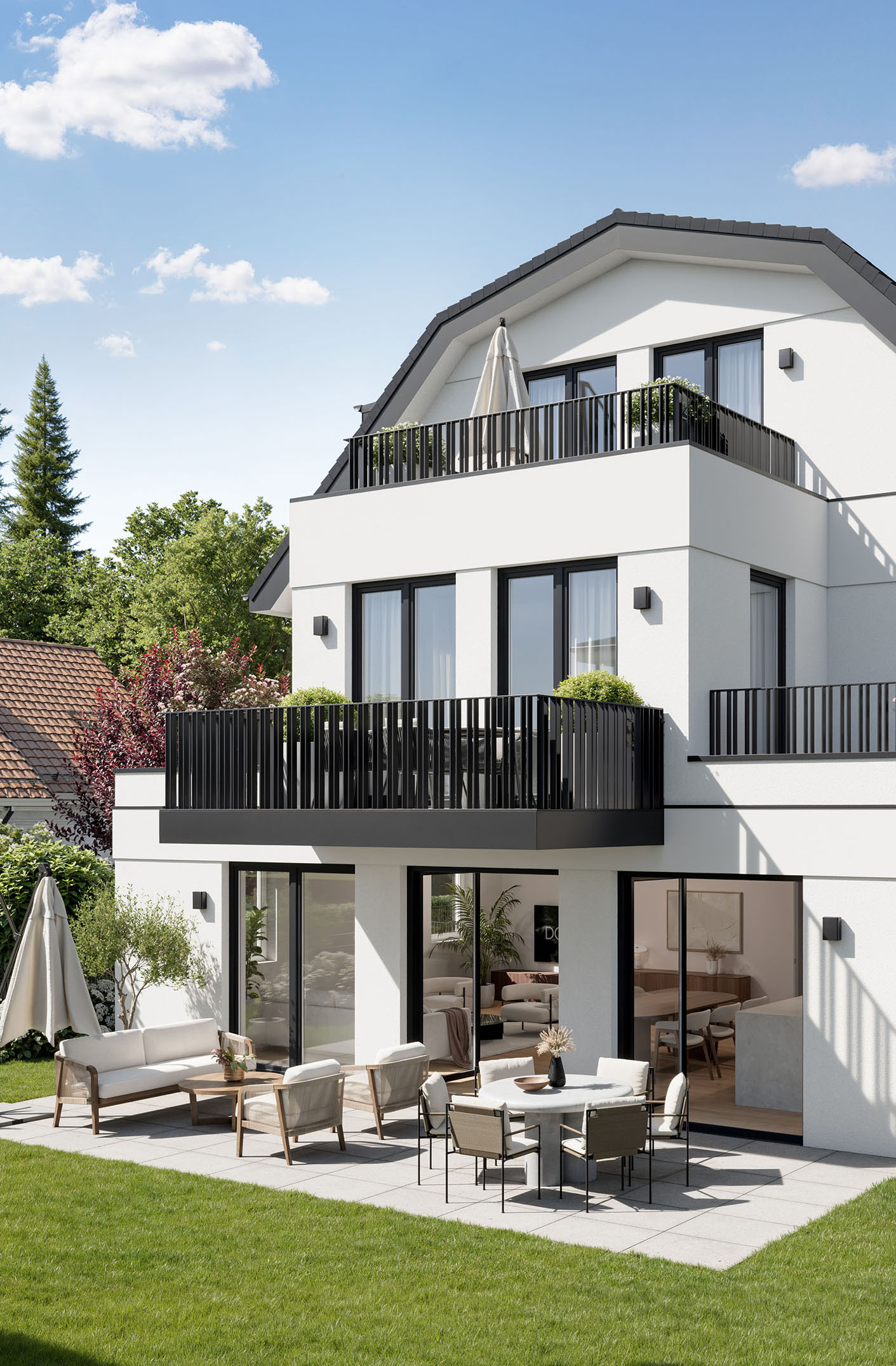 Visualisierung zweier Mehrfamilienhäuser mit insgesamt 6 Wohnungen von DOMINO Bau in München, Bogenhausen-Denning, Gartenansicht (Haus 1)