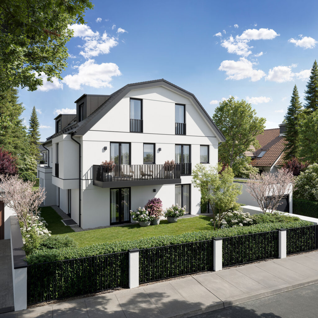 Visualisierung zweier Mehrfamilienhäuser mit insgesamt 6 Wohnungen von DOMINO Bau in München, Bogenhausen-Denning, Straßenansicht (Haus 1)