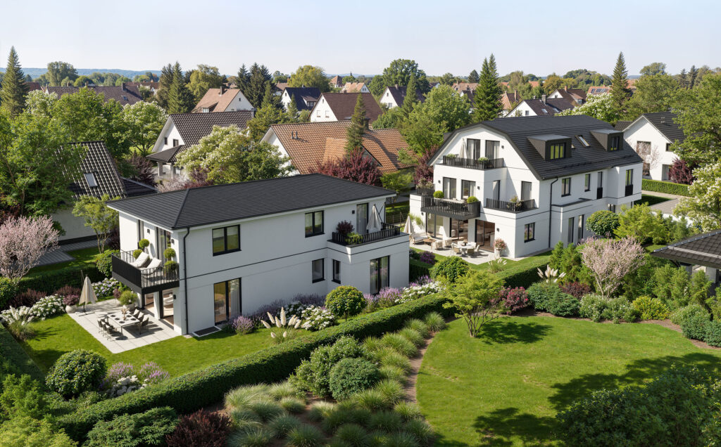 Visualisierung zweier Neubau-Mehrfamilienhäuser von DOMINO Bau in München, Bogenhausen-Denning, Luftaufnahme/Vogelperspektive