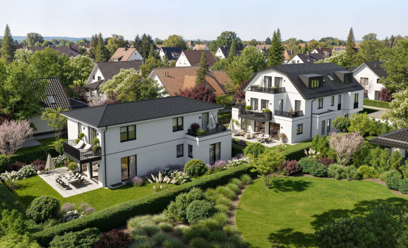 Visualisierung zweier Neubau-Mehrfamilienhäuser von DOMINO Bau in München, Bogenhausen-Denning, Luftaufnahme/Vogelperspektive