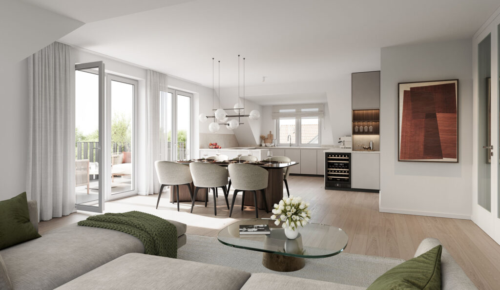 Visualisierung eines Wohnzimmers in einem Neubau-Mehrfamilienhaus von DOMINO Bau in München, Bogenhausen-Denning (Dachgeschoss)
