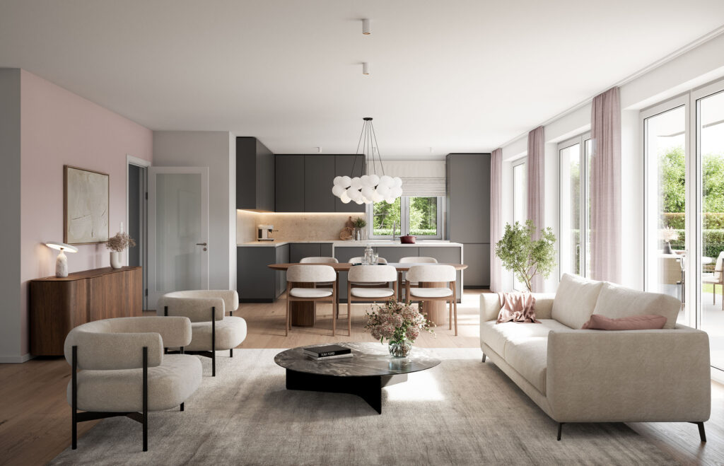 Visualisierung einer Gartenwohnung in einem Neubau-Mehrfamilienhaus von DOMINO Bau in München, Bogenhausen-Denning