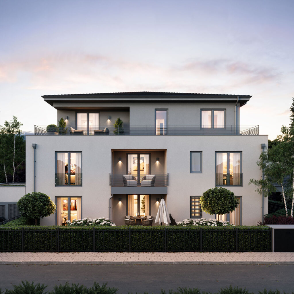Illustration der Straßenansicht vom vorderen Haus zweier Neubau-Mehrfamilienhäuser in Forstenried von DOMINO Bau